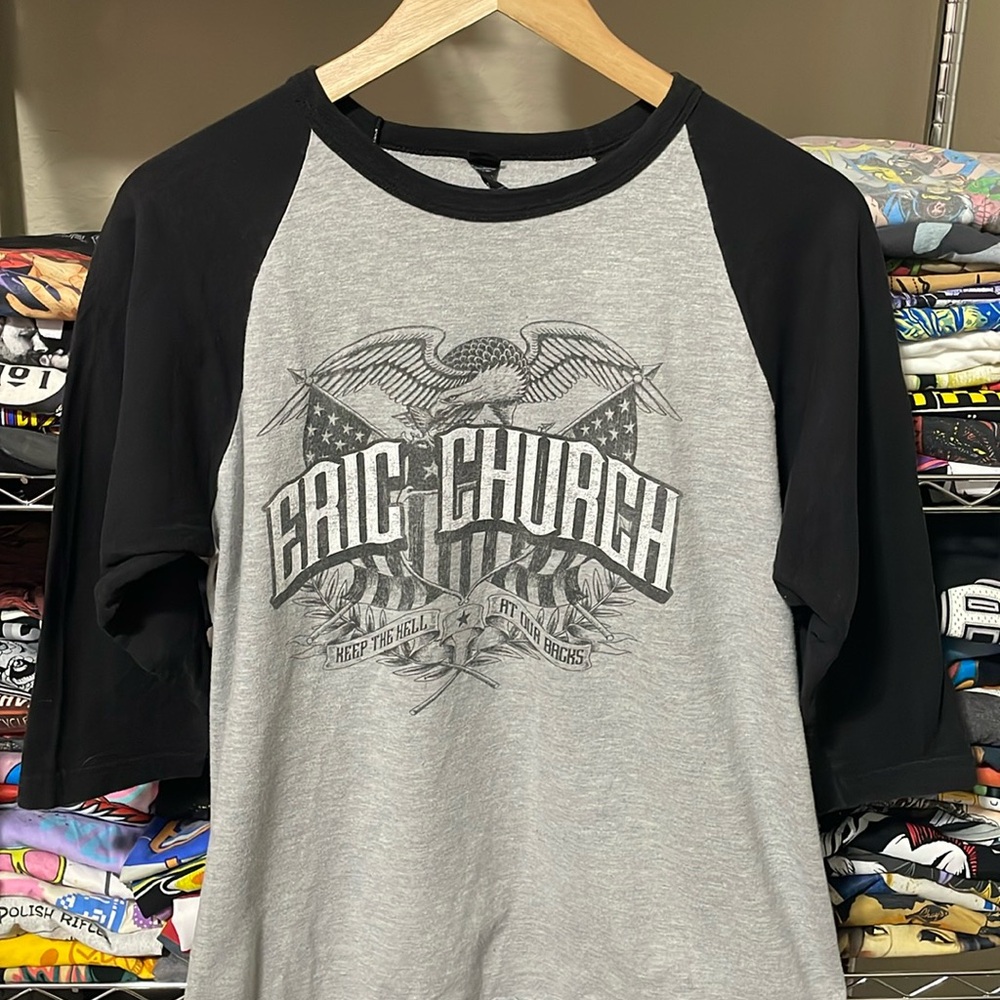 Eric Church Women’s “KEEP THE HELL AT OUR BACK” 3 Quarter sleeve Tee 🎸🔥